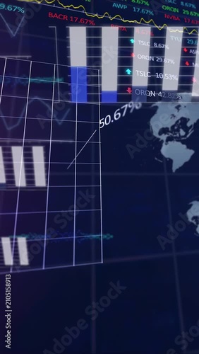 Vertical video: Financial dashboard camera tilting bars filling ticker sliding highlighting markets