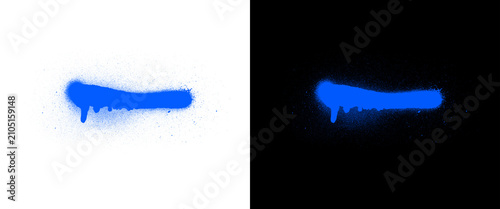 Blue spray paint stroke with drips on white and black background, urban graffiti paint splatter, vibrant aerosol paint line for street art design