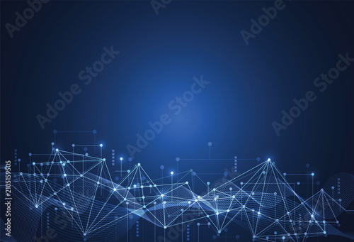 Abstract blue digital network connection with glowing plexus nodes and lines on futuristic technology background