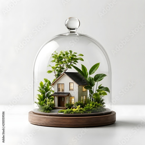 Small house model inside a glass dome with green plants