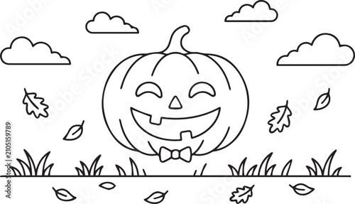Jack o lantern with cheerful grin on grass during autumn surrounded by falling leaves isolated on white background