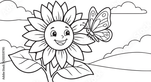 Joyful cartoon sunflower with a friendly butterfly during a cloudy day in a stylized landscape Vector Illustration Isolated on white background