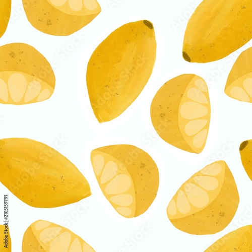 Lemon Seamless Pattern, Hand Painted Gouache Fruit Illustration