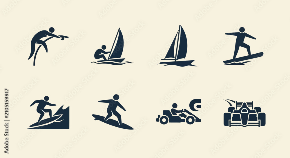 Obraz premium Set of eight sport pictograms including surfing, sailing, windsurfing, racing car, and kitesurfing, isolated on a light background.