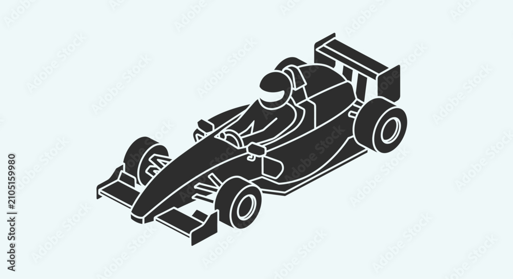 Obraz premium Isometric black and white pictogram of a formula 1 racing car with driver, representing speed and competition