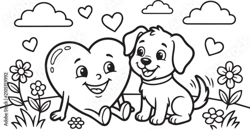 Smiling heart character and playful puppy sitting together in a meadow with flowers and clouds Vector Illustration Isolated on white background