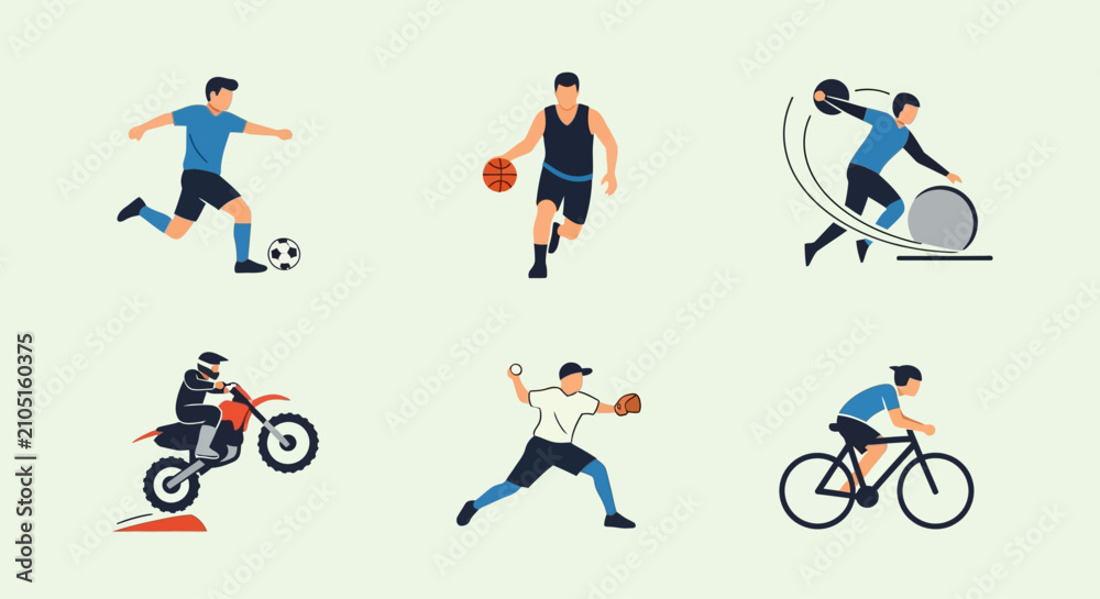 Obraz premium Set of Sport Pictograms: Football, Basketball, Bowling, Motocross, Baseball, and Cycling