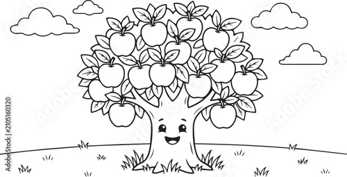 Cheerful tree with ripe fruit during daytime in a grassy field Isolated on white background