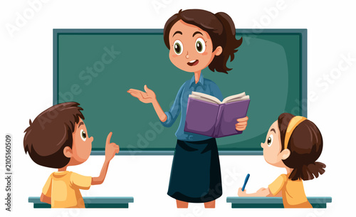 Cartoon Teacher Reading Book to Students in a Classroom Vector Illustration