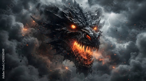 Fierce dragon head emerging from stormy clouds with fiery eyes