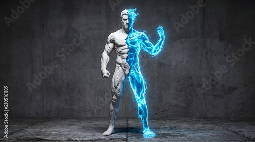 Dual Nature of Power: A sculpted human form, half marble and half electric blue energy, showcases the raw power and potential within, set against a stark concrete background.