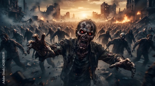 Horde of Zombies in Post-Apocalyptic Ruined City at Dusk
