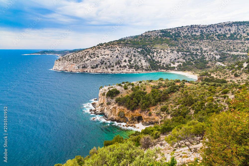 Fototapeta premium Panorama of seascape, waves and coast, Thassos Island, Greece