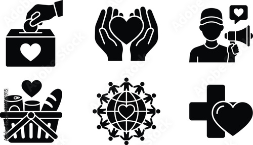Fotografie Charity Icons Featuring Donation Box Hands Globe And Heart On Transparent Backgr