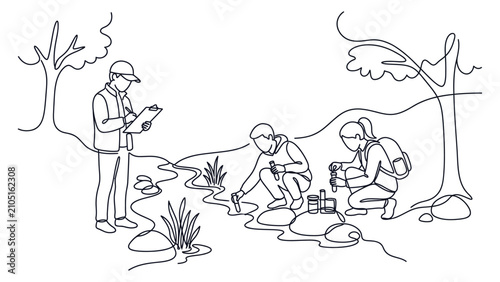 Continuous line drawing of scientists studying river water samples