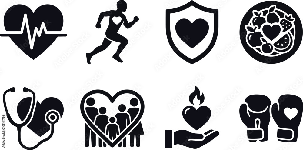 Fototapeta premium Health Icons Featuring Heartbeat Running Figure Shield And Fruit On Transparent Background heart
