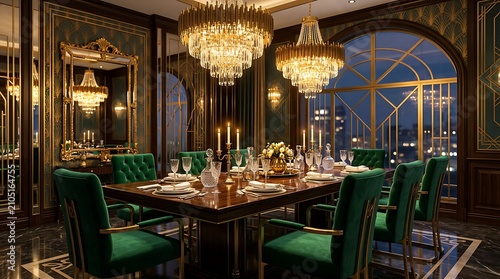 Elegant Victorian style dining room with antique furniture and chandelier.
