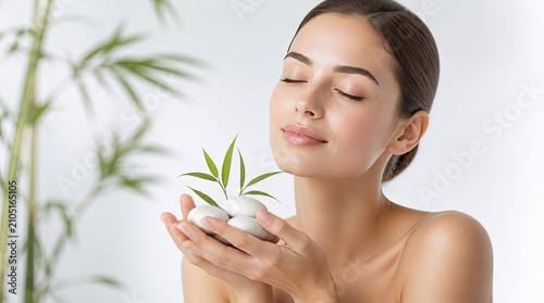 Beautiful woman holding smooth zen stones and bamboo leaves