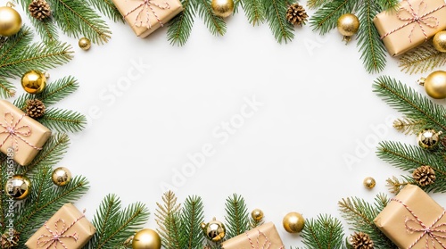 Christmas frame with pine branches gold ornaments and gifts