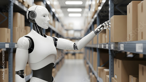Advanced Humanoid Robot Working in an Automated Warehouse Facility Retrieving Cardboard Boxes from Storage Shelves