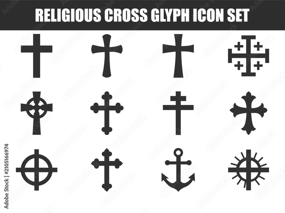 Fototapeta premium Religious cross glyph icon set: various Christian and anchor symbols for design.