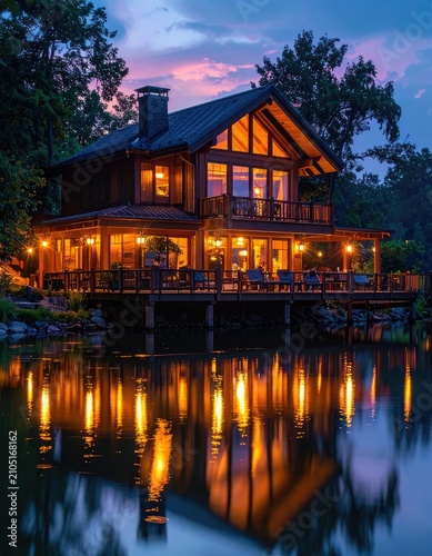 A warm and inviting wooden lodge glows with interior lights, reflecting beautifully on the still water at dusk.
