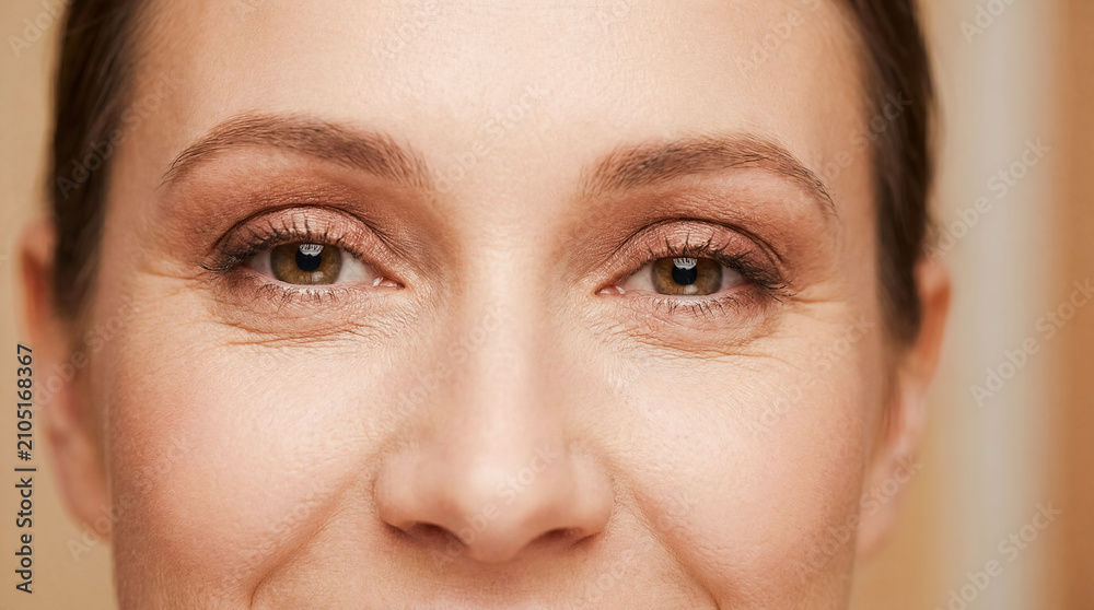 Obraz premium Natural eye makeup woman portrait soft brown eyeshadow beauty cosmetics everyday showing subtle look concept for lifestyle advertising skincare branding salon tutorials and confidence campaigns