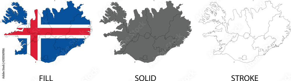 Fototapeta premium Iceland Map Silhouette Set with Flag Fill Solid and Outline Stroke