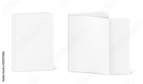 Blank paperback book mockup set. 3D hight realistic vector illustration isolated on white background. It can be used for promo, catalogs, brochures, magazines, etc. Scalable and editable. EPS10.