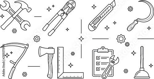 Foto Industrial hardware and hand tools line art icon set with hammer wrench axe sick
