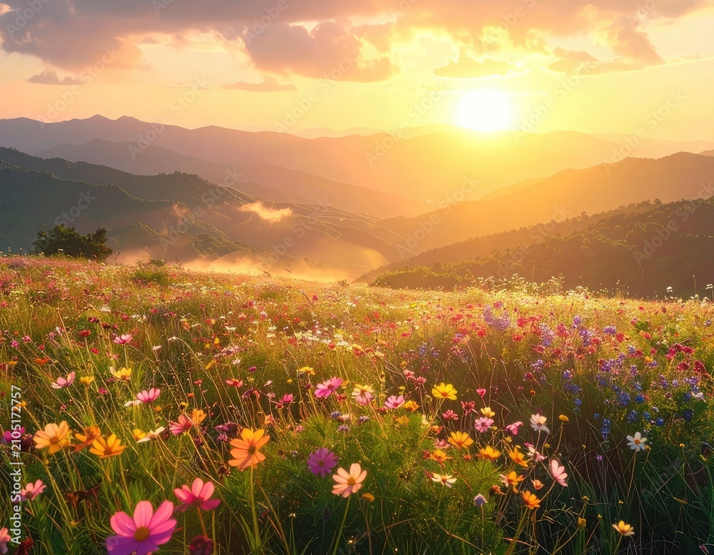 Obraz premium A vibrant wildflower meadow bathed in the warm glow of a setting sun.