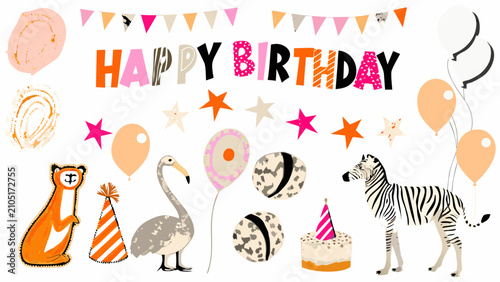 Canvas Print Whimsical birthday illustration featuring animals balloons and festive bunting i