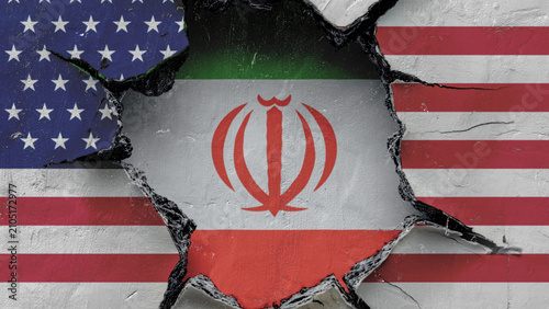 Bild auf Leinwand national flag of the United States of America and the flag of Iran are painted o