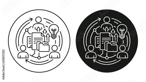 Collaborative team working on documents and ideas circular network diagram icon