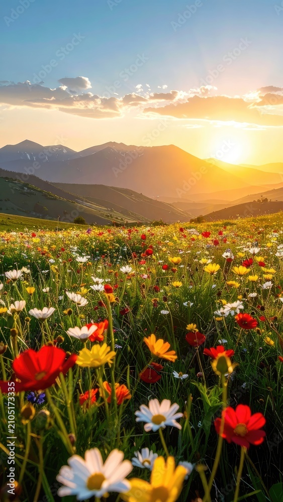 Fototapeta premium Golden hour illuminates a vibrant meadow of wildflowers at the foot of majestic mountains.