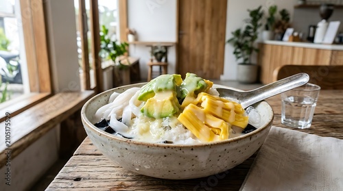 Fresh avocado salad in white bowl on wooden table.