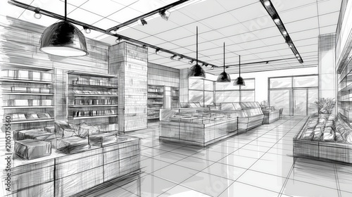 Store interior design sketch shows layout with shelves and display units