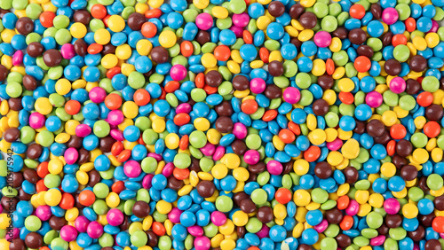 Top view of many small colorful round candy coated chocolate drops arranged in a dense pattern