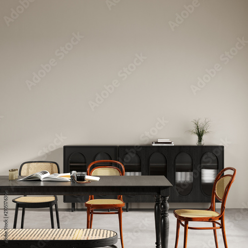 Modern Minimalist house and dining room Interior with Natural Light and cozy Furniture. 3d render