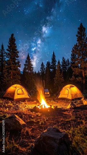 A serene night camping scene with tents illuminated by a campfire under a starry sky.
