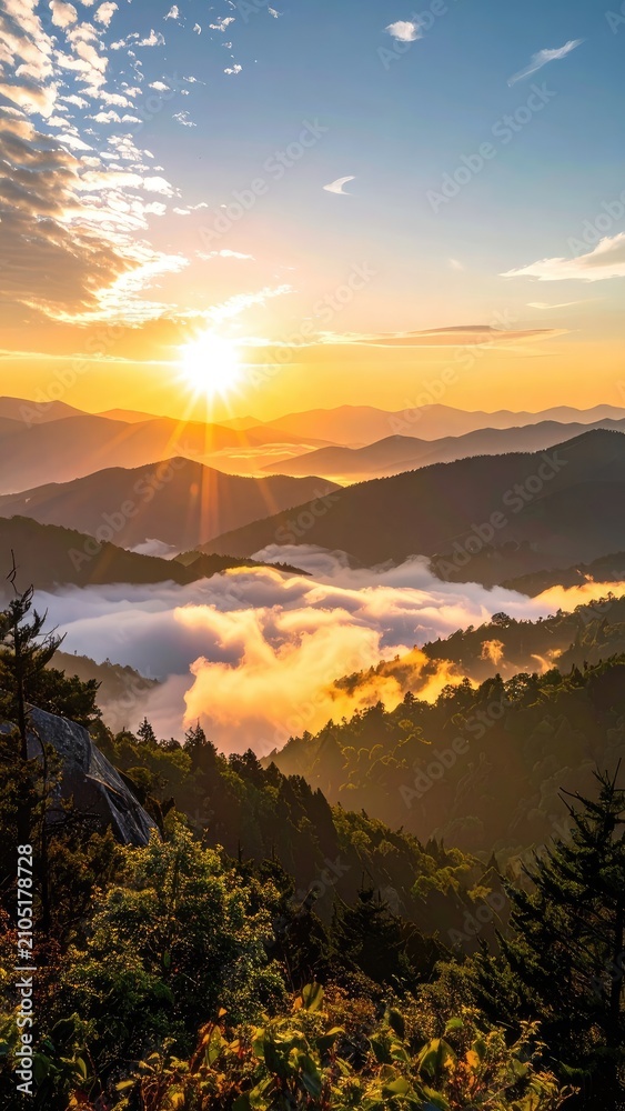 Naklejka premium Golden sunrise illuminates misty mountain peaks and lush green forests.