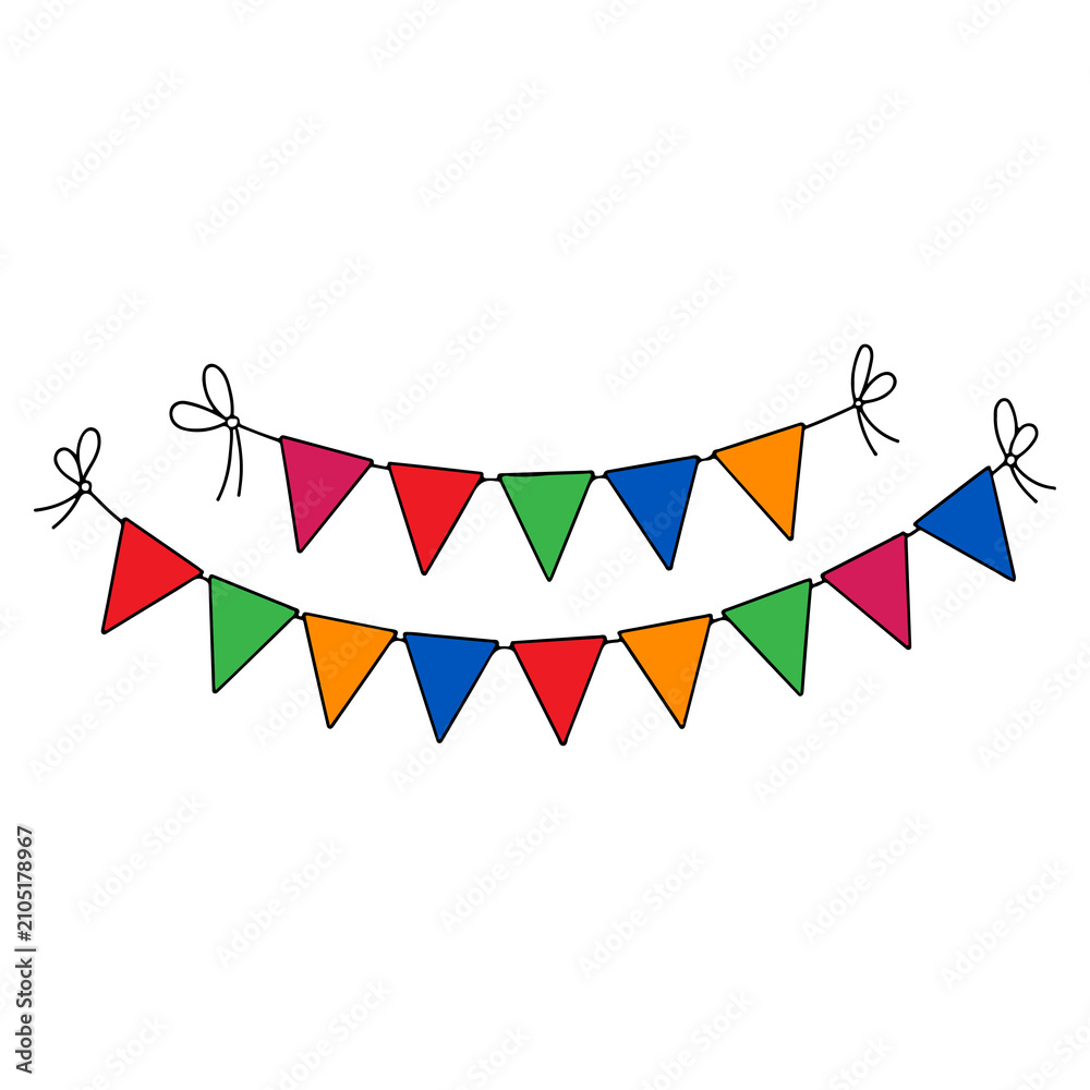 Obraz premium Colorful paper bunting flags strung in a festive garland. Decorative triangular pennant banner for parties and celebrations.