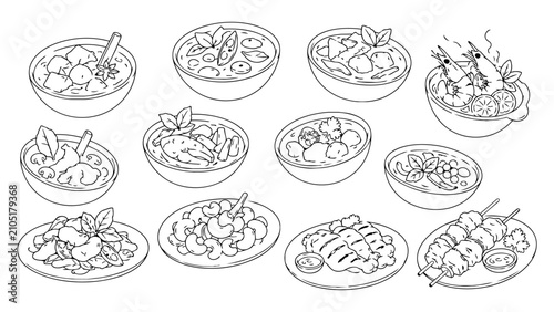 Thai food line icon set featuring curries, soups, spicy shrimp, grilled chicken, pork skewers, basil dishes and cashew stir fry. Clean black outline vector illustration isolated on a white background.