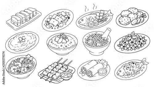 Thai food line-art icons featuring crispy pork, garlic pork, steamed fish with lime, chilli fish, omelette, crab fried rice, papaya salad, larb, glass noodle salad, spring rolls, satay and fish cakes.