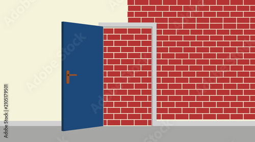 Blue Open Door Set Within Red Brick Wall.