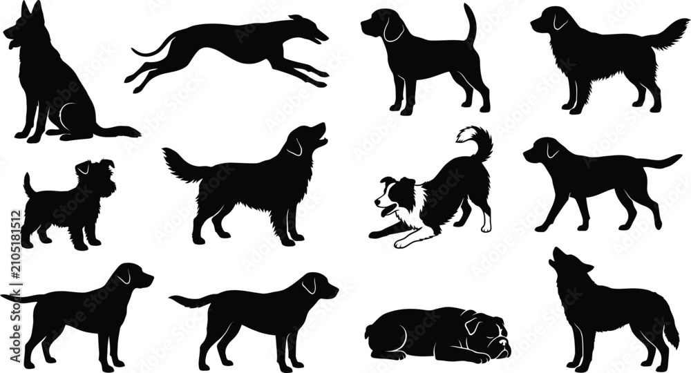 Obraz premium Assorted black silhouettes of different dog breeds in various active and resting poses, isolated on a white background, for versatile usage