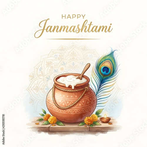 Happy janmashtami illustration festive pot of yogurt peacock feather and floral decorations for celebrations
