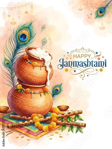 Festive janmashtami illustration stacked clay pots peacock feathers and traditional decorations for krishna jayanthi celebrations
