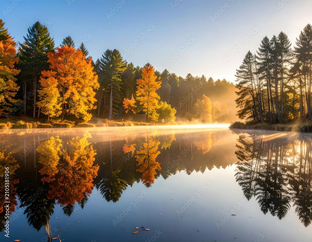 Obraz premium A tranquil lake reflects a vibrant autumn forest bathed in the golden light of sunrise.