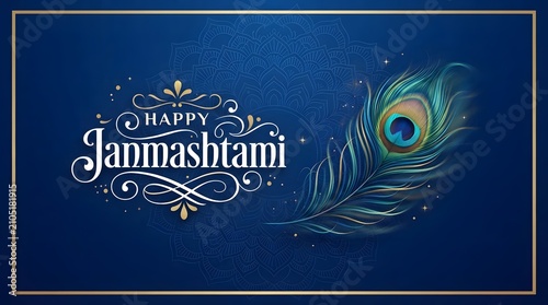 Elegant janmashtami celebration graphic with peacock feather and intricate mandala design for festive greetings